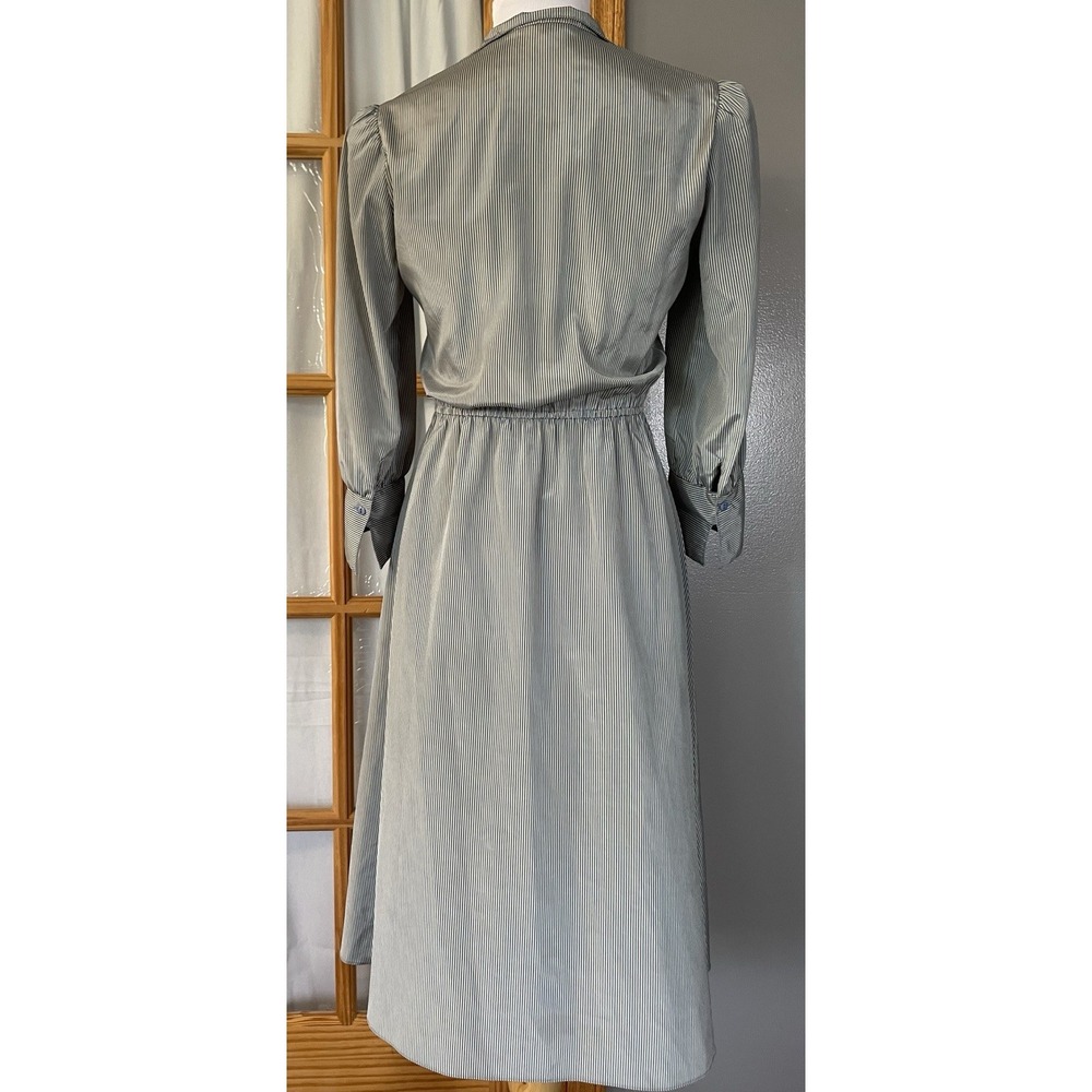 80s Susan Howard Striped Midi Dress S-M Taupe Satin 3/4 Sleeve Classic Career - Picture 5 of 15